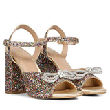 Bow Detail Glitter Heels - Saint Leonara's trendy multicolor leather block heels.