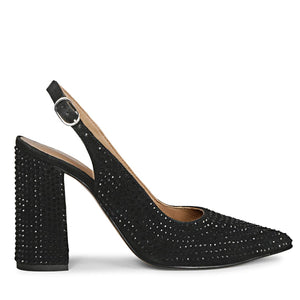 Elegant black leather heels with Alyssa crystal accents