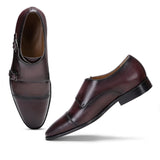 Saint Alboin Two Color Toned Red Leather Double Buckled Monk Strap Shoes - SaintG