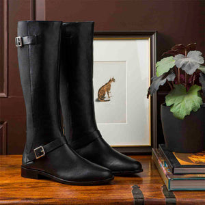 Saint Delores Black Crust Leather Buckle Decor Knee High Boots