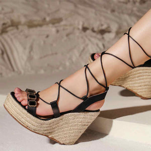 Black Leather Wedges with Glam Stone 