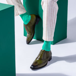 Olive Leather Square Toe Lace Up Décor Shoes for mens