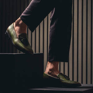 Olive Leather Tassel Moccasins for mens