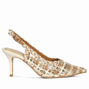 Saint Tamia Tan & Gold Hand Woven Leather Pumps
