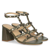 Saint Angela Gold Studs Olive Leather Block Heels