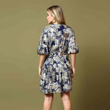 Saint Womens Blue Metallic Printed Viscose Lurex Short Dress