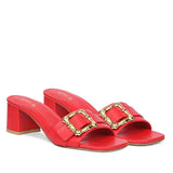 Saint Flavia Gold Square Buckle Leather Goji Berry Block Heels