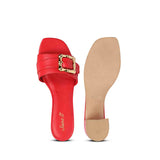 Saint Flavia Gold Square Buckle Leather Goji Berry Block Heels