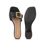 Saint Flavia Gold Square Buckle Leather Block Heels