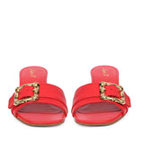 Saint Flavia Gold Square Buckle Leather Goji Berry Block Heels