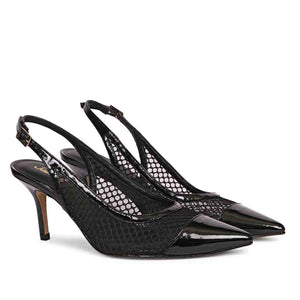 Saint Katy Black Leather & Premium Net Slingback Pumps