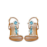 Saint Lucia Blue Stone Embellished Cuoio Leather Block Heels