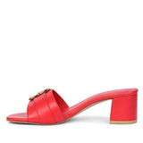 Saint Flavia Gold Square Buckle Leather Goji Berry Block Heels