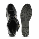 Saint Alba Black Crinkle Patent Leather Lace Up High Ankle Boots