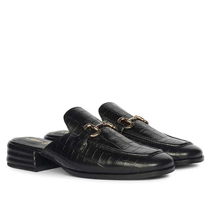 Saint Savannah Croc Embossed Black Leather Horsebit Moccasins