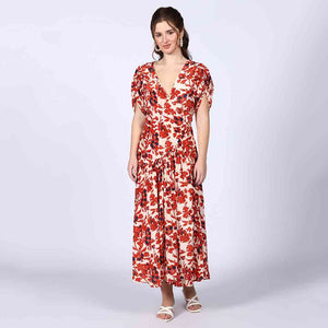 Saint Womens Ivory Red Deep V-Neck Viscose Dress