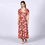 Saint Womens Ivory Red Deep V-Neck Viscose Dress