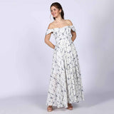 Saint Delfina Womens White Indigo Off Shoulder Cotton Maxi Dress