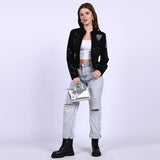 Saint Venessa Stone Embossed Black Leather Women Biker Jackets