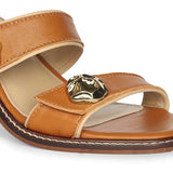 Saint Brisa Gold Emblems Tan Leather Heels