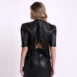 Saint Vera Metal Studded Fringed Leather Short Jacket