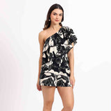Saint Womens Printed Black Cotton Linen Playsuit Dress