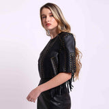 Saint Vera Metal Studded Fringed Leather Short Jacket