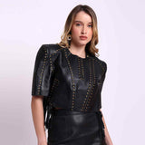 Saint Vera Metal Studded Fringed Leather Short Jacket