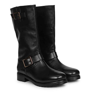 Saint Adette Buckle Decor Black Leather Calf Length Boots