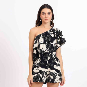 Saint Womens Printed Black Cotton Linen Playsuit Dress