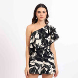 Saint Womens Printed Black Cotton Linen Playsuit Dress
