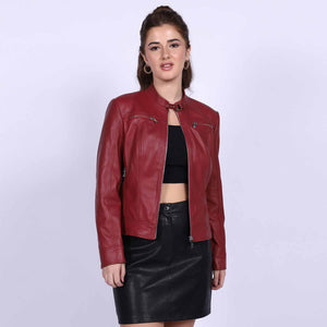 Saint Edwina Burgundy Leather Women Cafe Racer Jackets