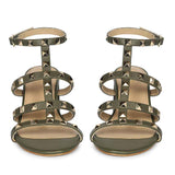 Saint Angela Gold Studs Olive Leather Block Heels