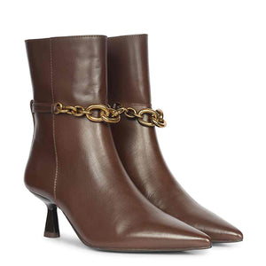 Saint Peony Chain Embellished Brown Leather Ankle boots