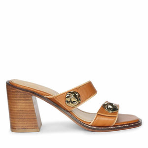 Saint Brisa Gold Emblems Tan Leather Heels