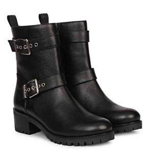 Saint Erika Double Buckle Black Leather High Ankle Boots