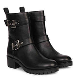Saint Erika Double Buckle Black Leather High Ankle Boots