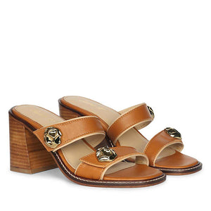 Saint Brisa Gold Emblems Tan Leather Heels