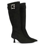 Saint Valeria Crystal Buckle Black Suede Leather Long Boots