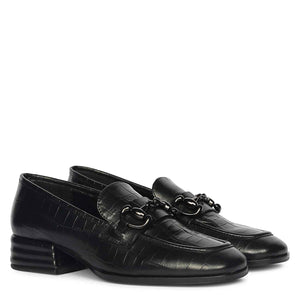 Saint Jacqueline Croc Embossed Black Leather Moccasins