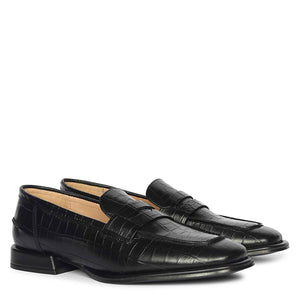 Saint Carla Croco Embossed Black Leather Moccasins