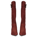 Saint Valeria Crystal Buckle Bordo Suede Leather Long Boots