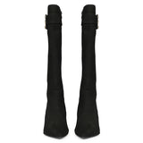 Saint Valeria Crystal Buckle Black Suede Leather Long Boots