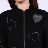 Saint Venessa Stone Embossed Black Leather Women Biker Jackets