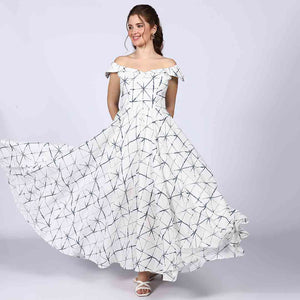 Saint Delfina Womens White Indigo Off Shoulder Cotton Maxi Dress