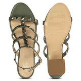 Saint Angela Gold Studs Olive Leather Block Heels