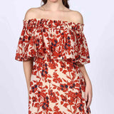 Saint Womens Ivory Red Off-Shoulder Midi Dress