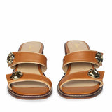 Saint Brisa Gold Emblems Tan Leather Heels