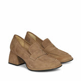 Saint Viviana Dark Taupe Suede Leather Block Heel Moccasins