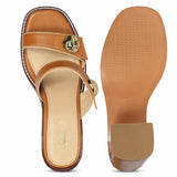 Saint Brisa Gold Emblems Tan Leather Heels